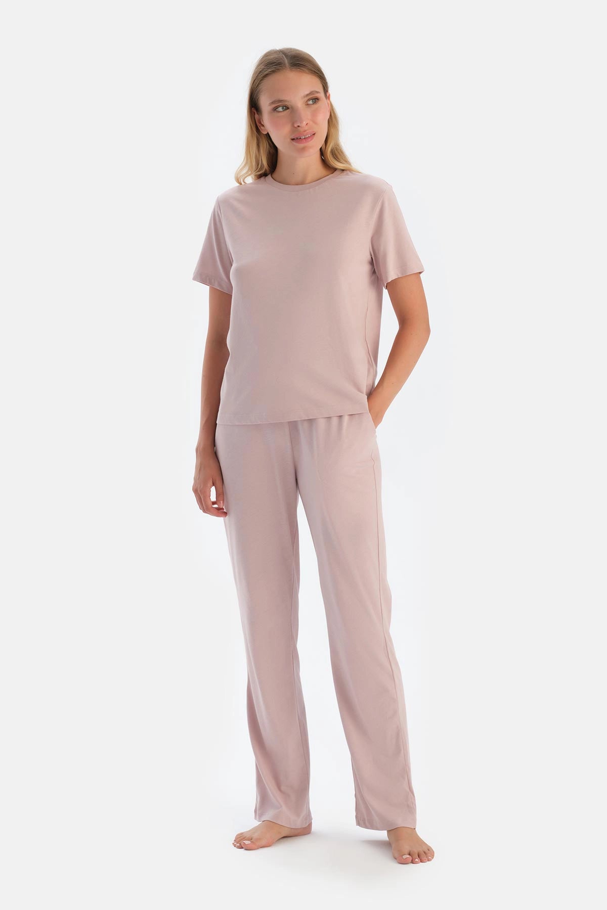 Pembe Bisiklet Yaka Düşük Kol Celliant Pijama Takımı