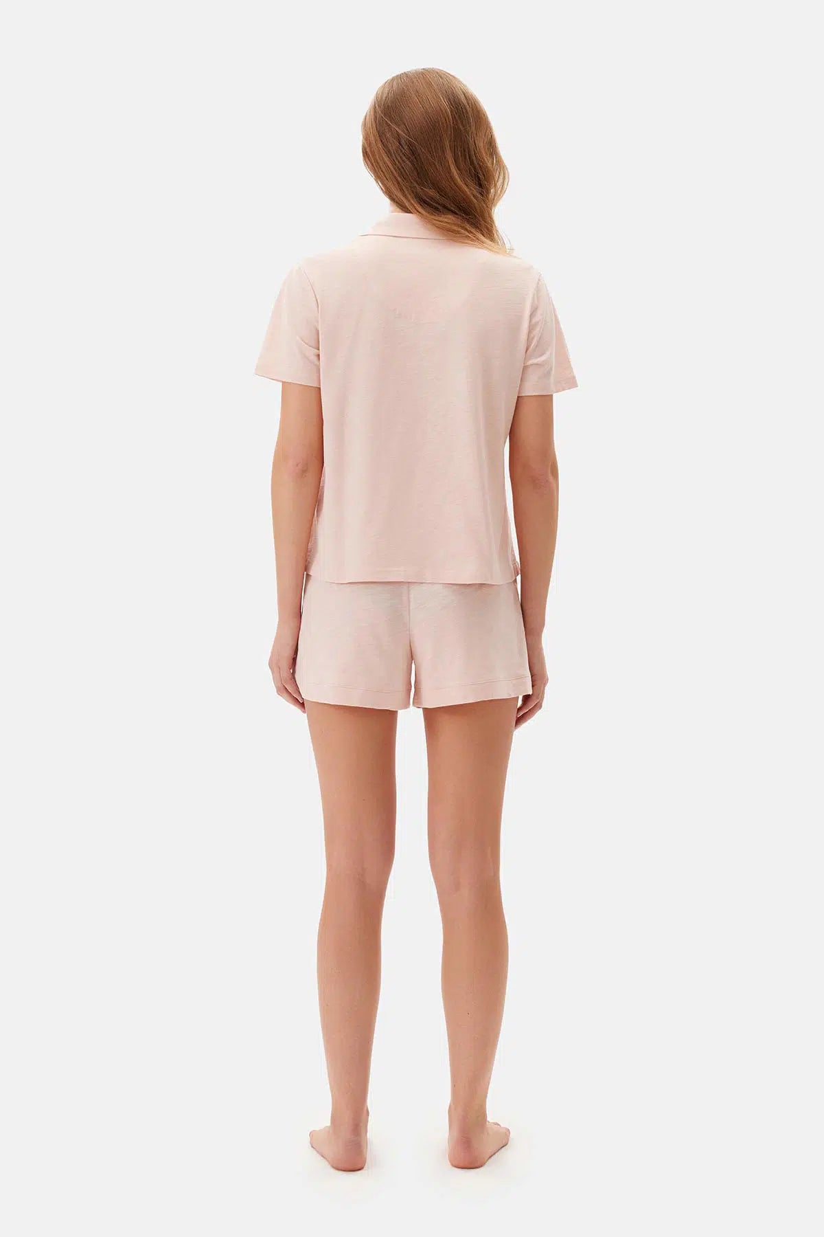Açık Pembe Kısa Kol Gömlek Yaka Şortlu Pijama Takımı