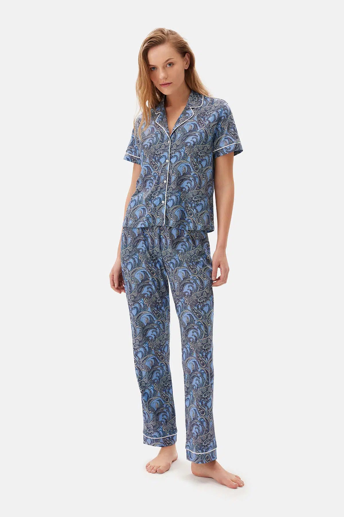 Mavi Şal Desenli Gömlek Yaka Modal Pijama Takımı