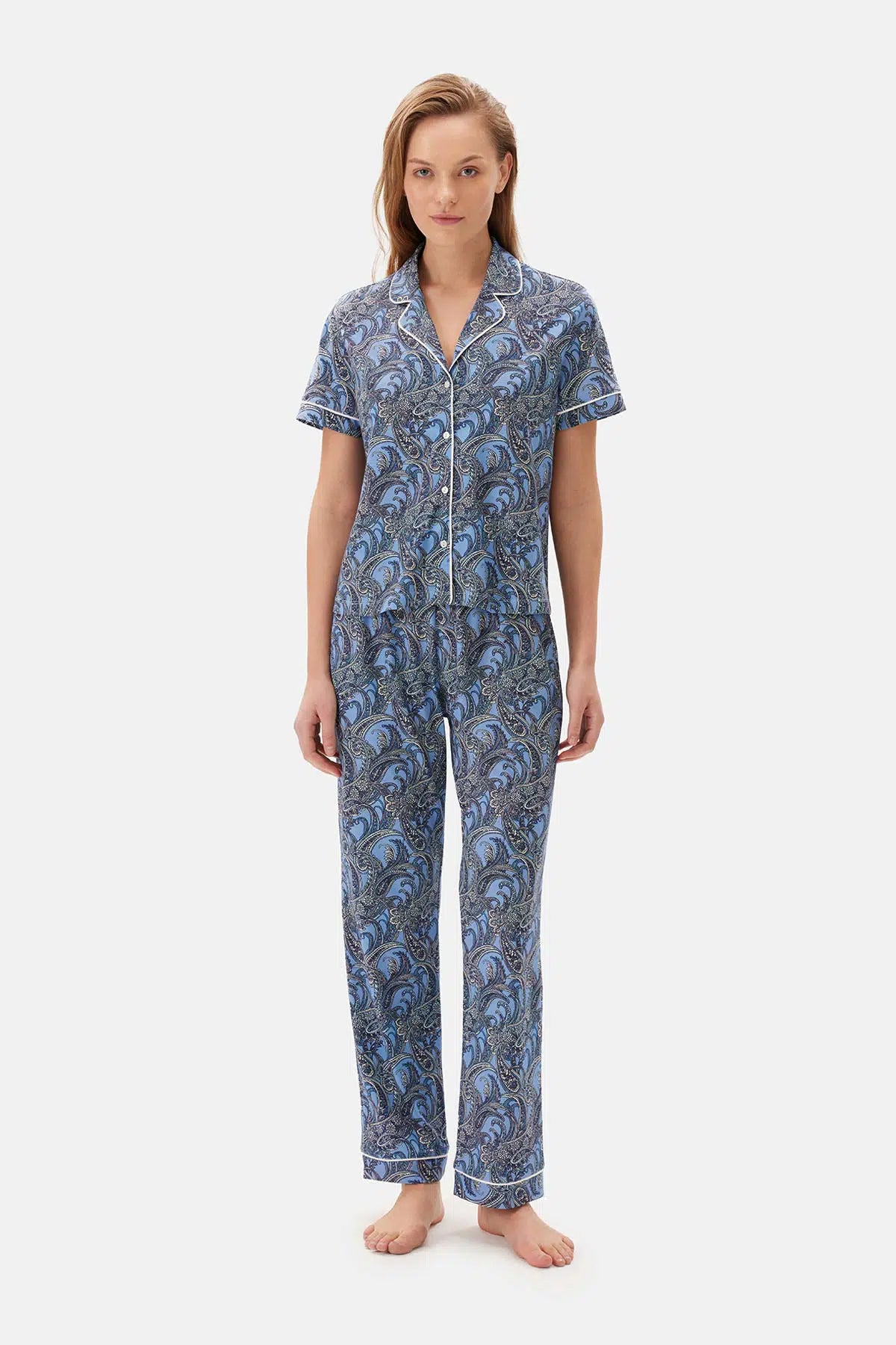 Mavi Şal Desenli Gömlek Yaka Modal Pijama Takımı