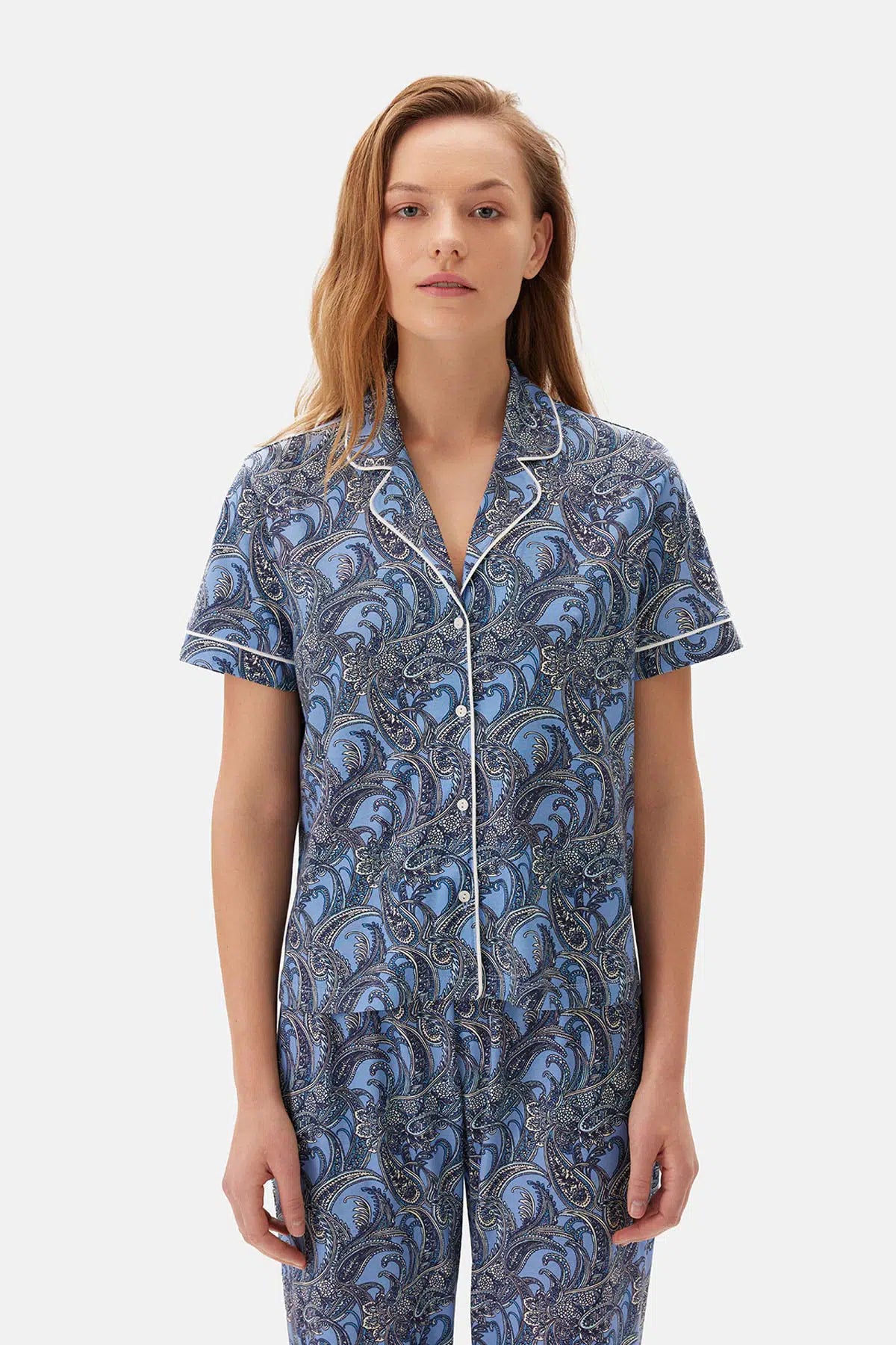 Mavi Şal Desenli Gömlek Yaka Modal Pijama Takımı