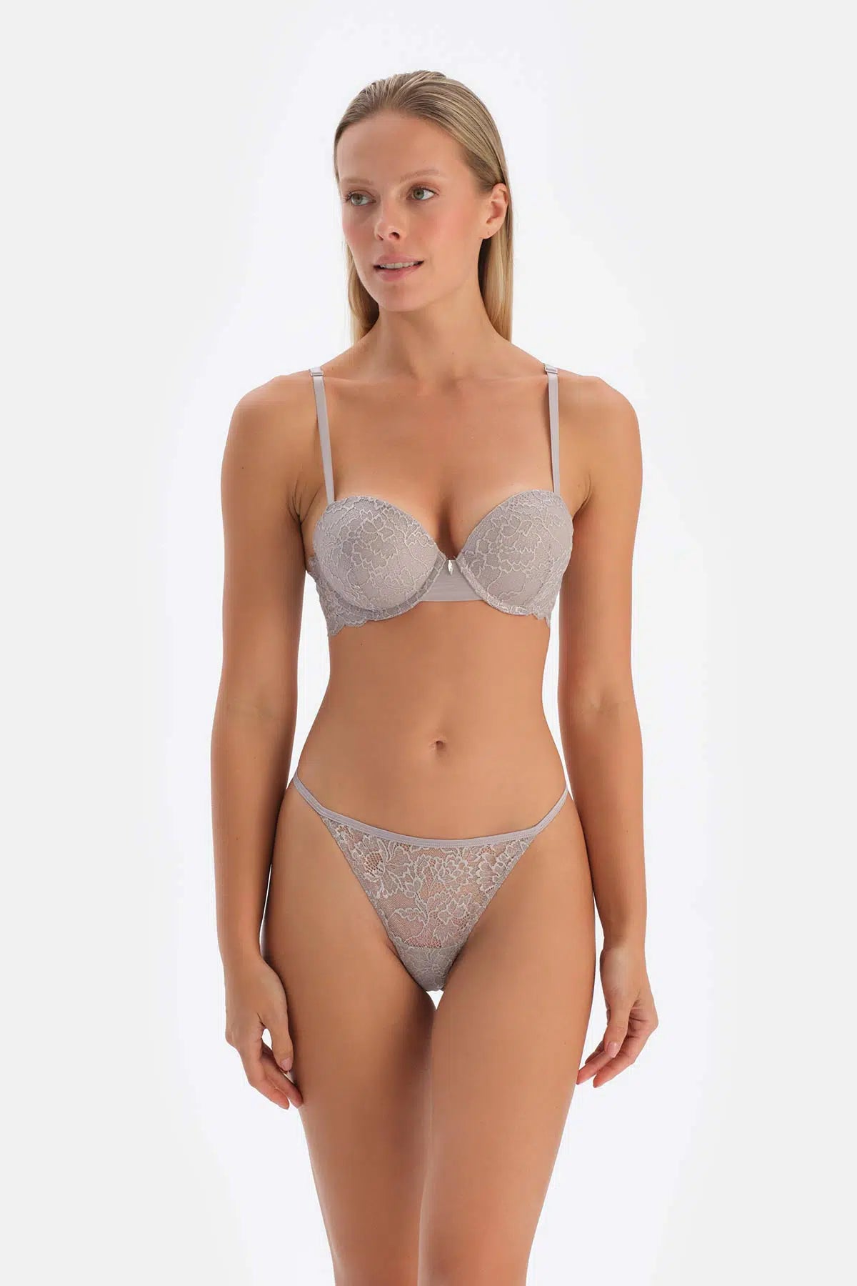 Açık Gri Dantel ve Detaylı Push-Up Sütyen
