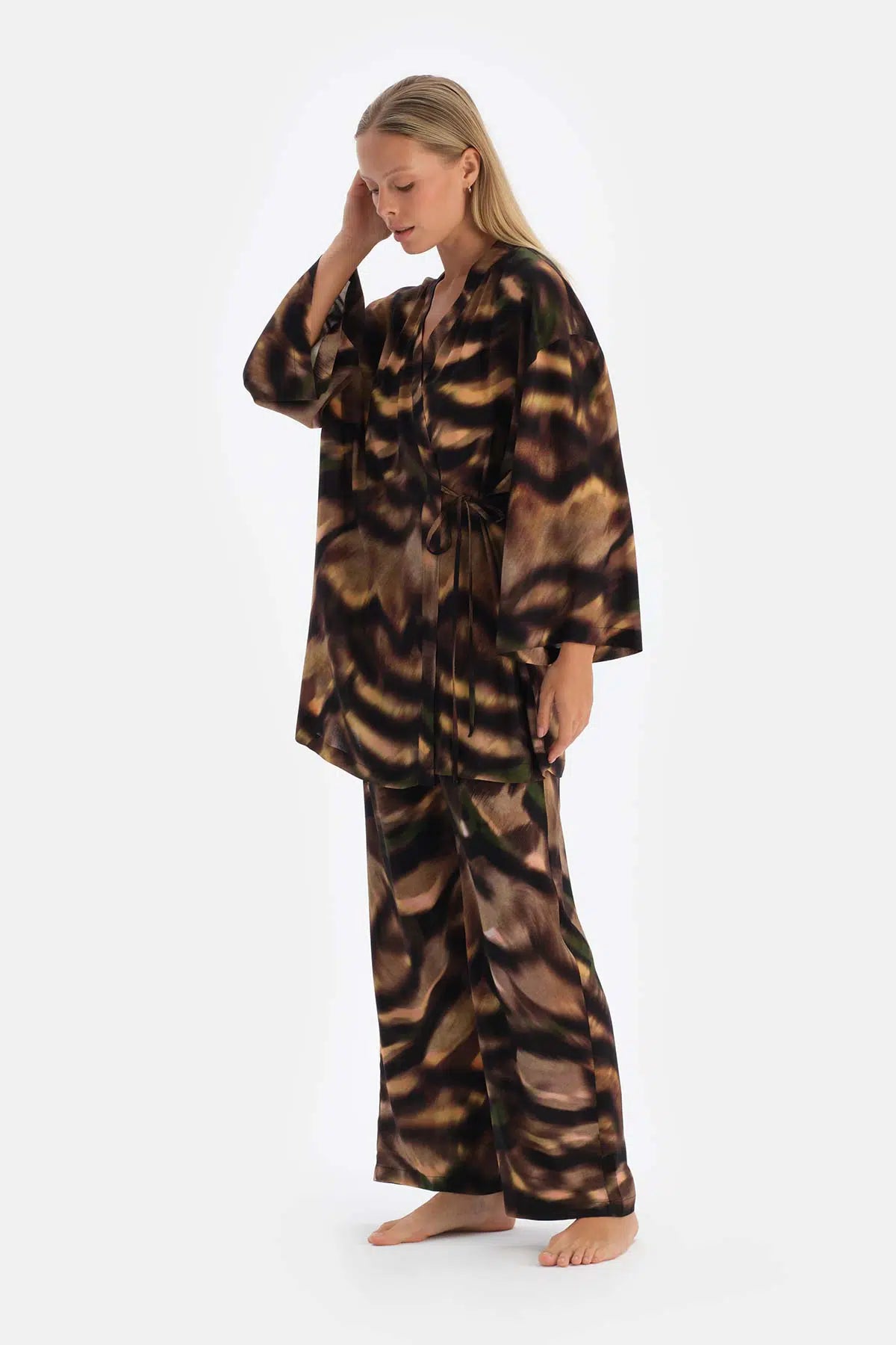 Kahverengi Dokuma Desenli Pantolon Pijama Altı