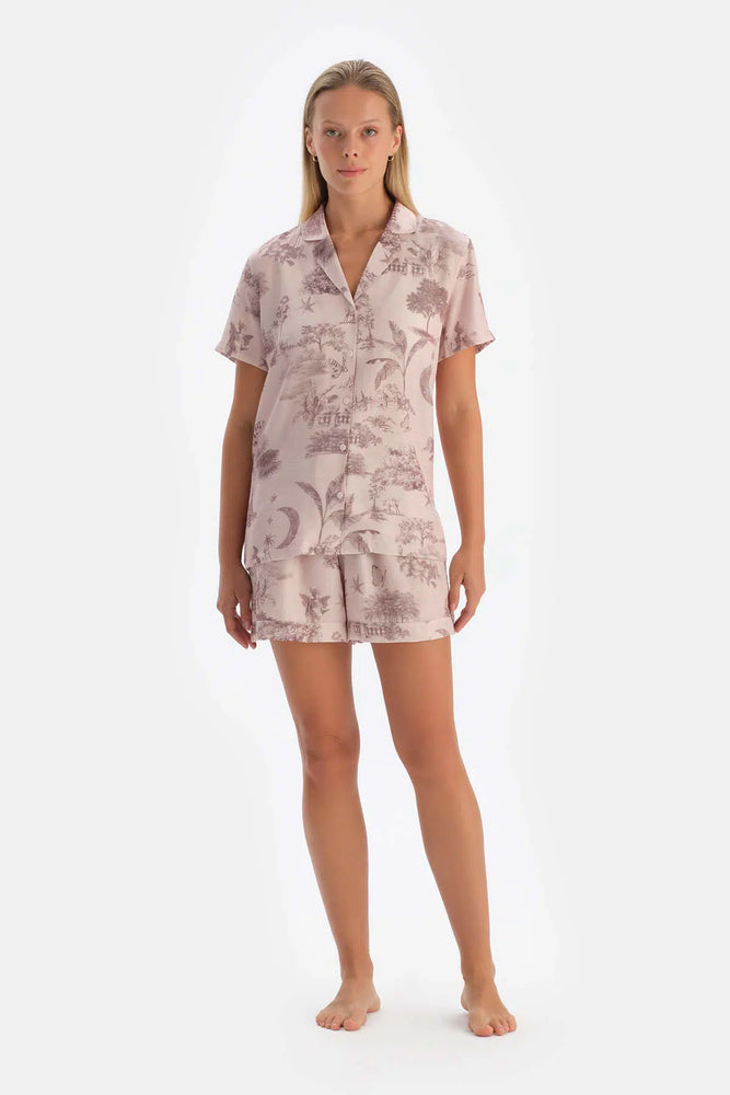 Açık Pembe Desenli Dokuma Şort Pijama Altı