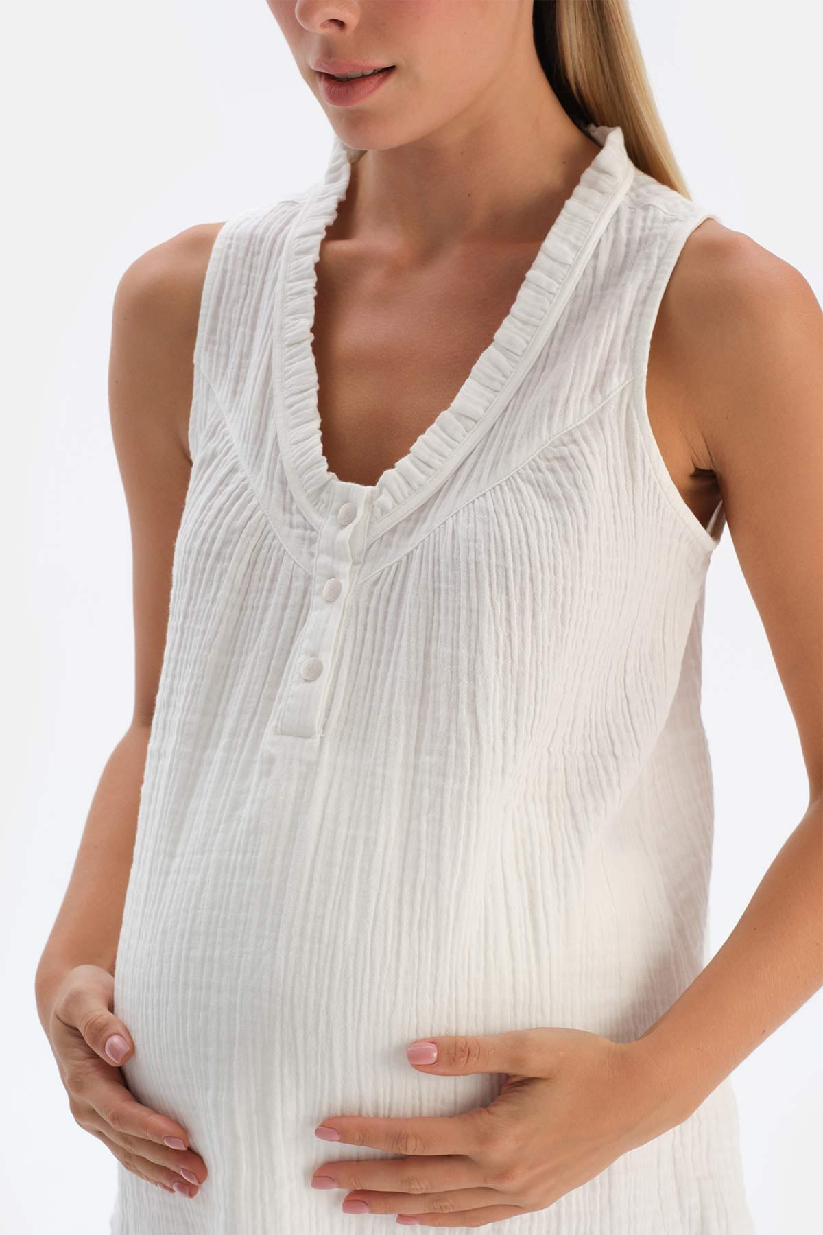 Beyaz Fırfırlı Patlı Müslin Hamile Pijama Üstü