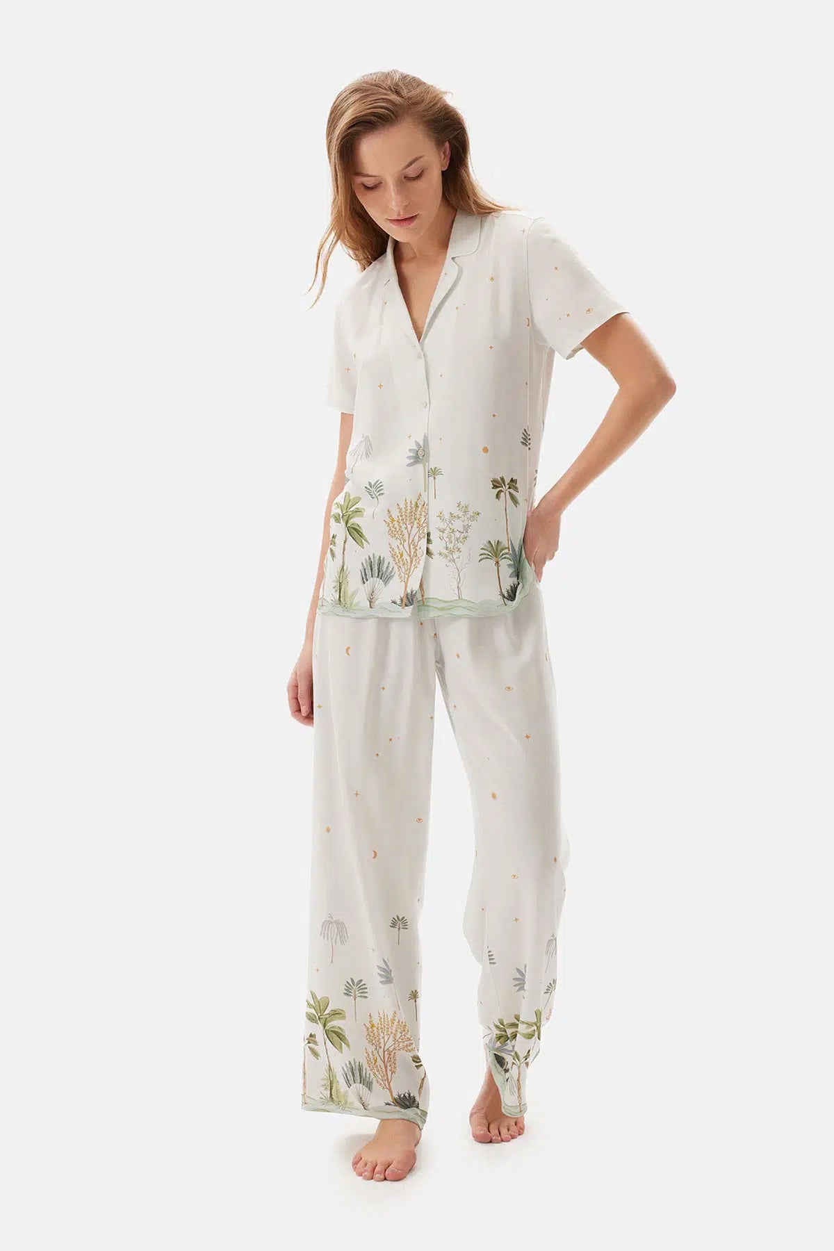 Su Yeşili Su i Baskılı Viskon Gömlek Pijama Üstü