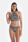Kiremit-Mavi Halter Yaka Bikini Üst