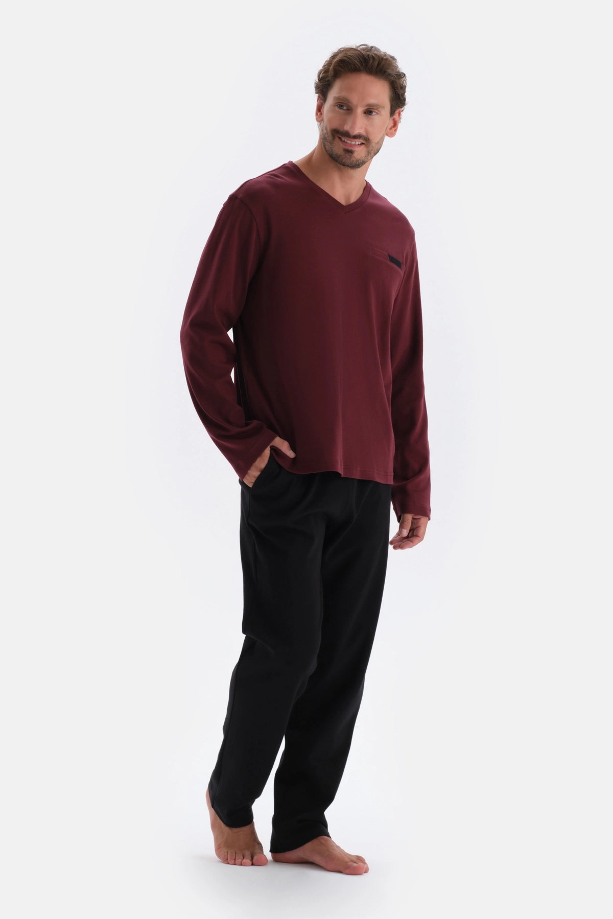 Bordo V Yaka Uzun Kollu Örme Pijama Takımı