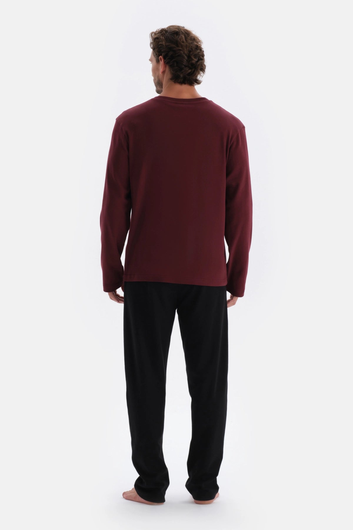 Bordo V Yaka Uzun Kollu Örme Pijama Takımı