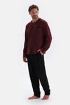 Bordo V Yaka Uzun Kollu Örme Pijama Takımı