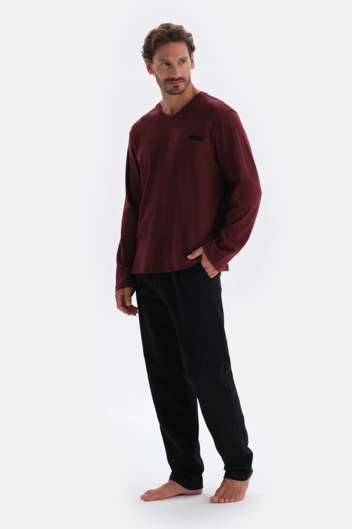 Bordo V Yaka Uzun Kollu Örme Pijama Takımı