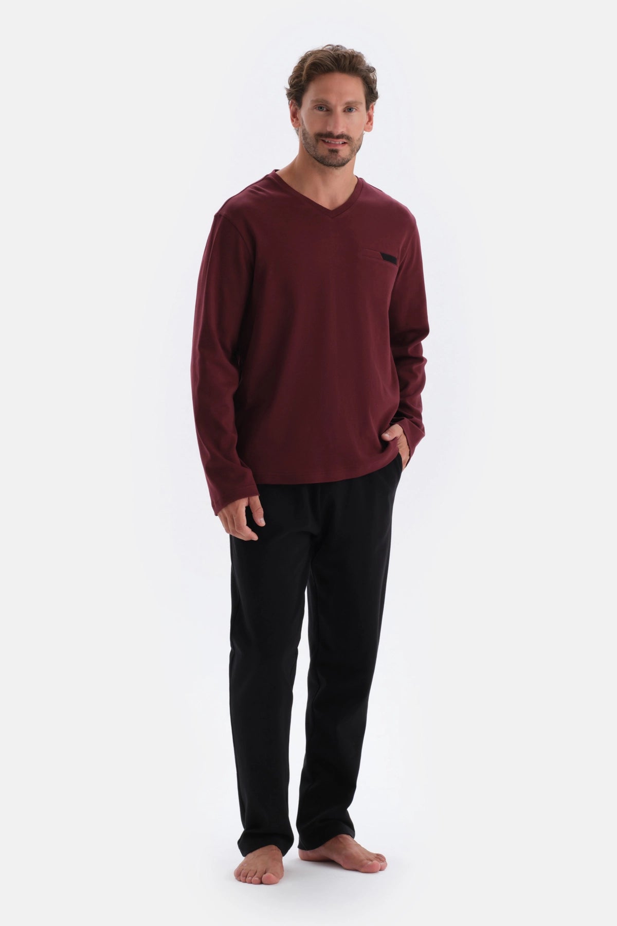 Bordo V Yaka Uzun Kollu Örme Pijama Takımı