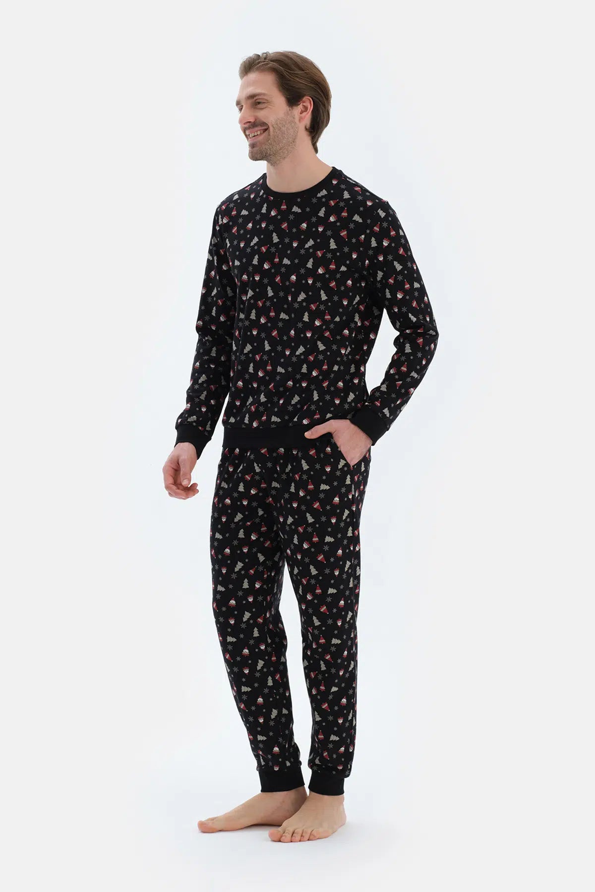 Siyah Metraj Baskılı Ipek Apre Interlok Pijama Takımı