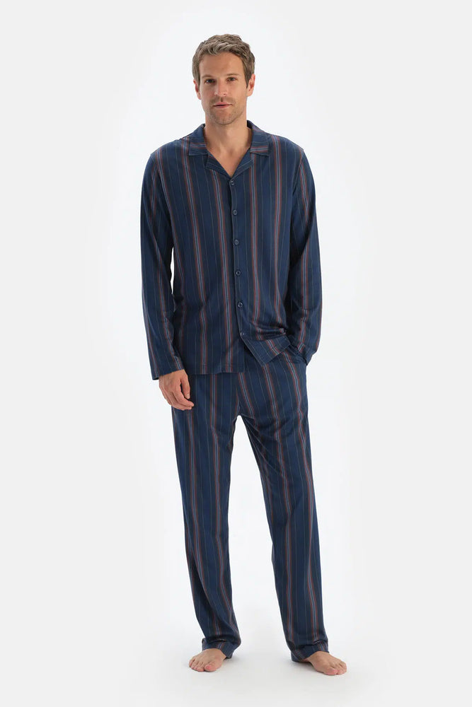 Lacivert Çizgili Gömlek Pantolon Pijama Takımı