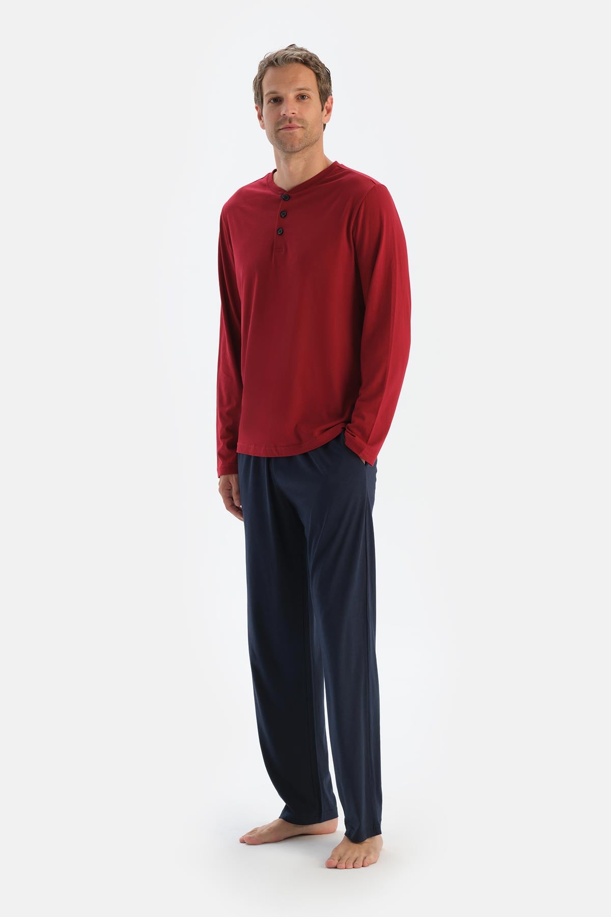 Bordo Patlı Uzun Kollu Tişört Pantolon Pijama Takımı