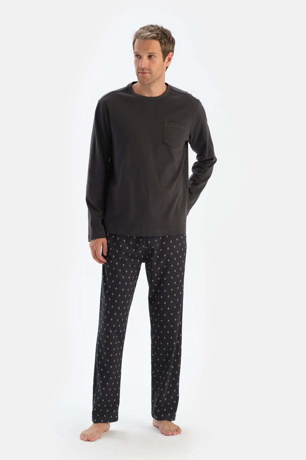 Füme Bisiklet Yaka Uzun Kol Tişört Desenli Pantolon Pijama Takımı