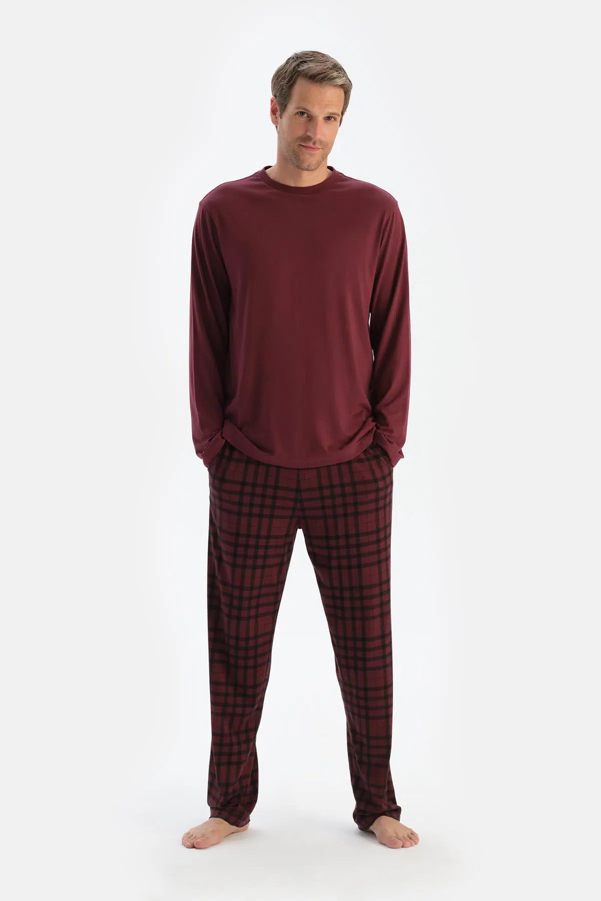 Mürdüm Bisiklet Yaka Uzun Kollu Tişört Pantolon Pijama Takımı