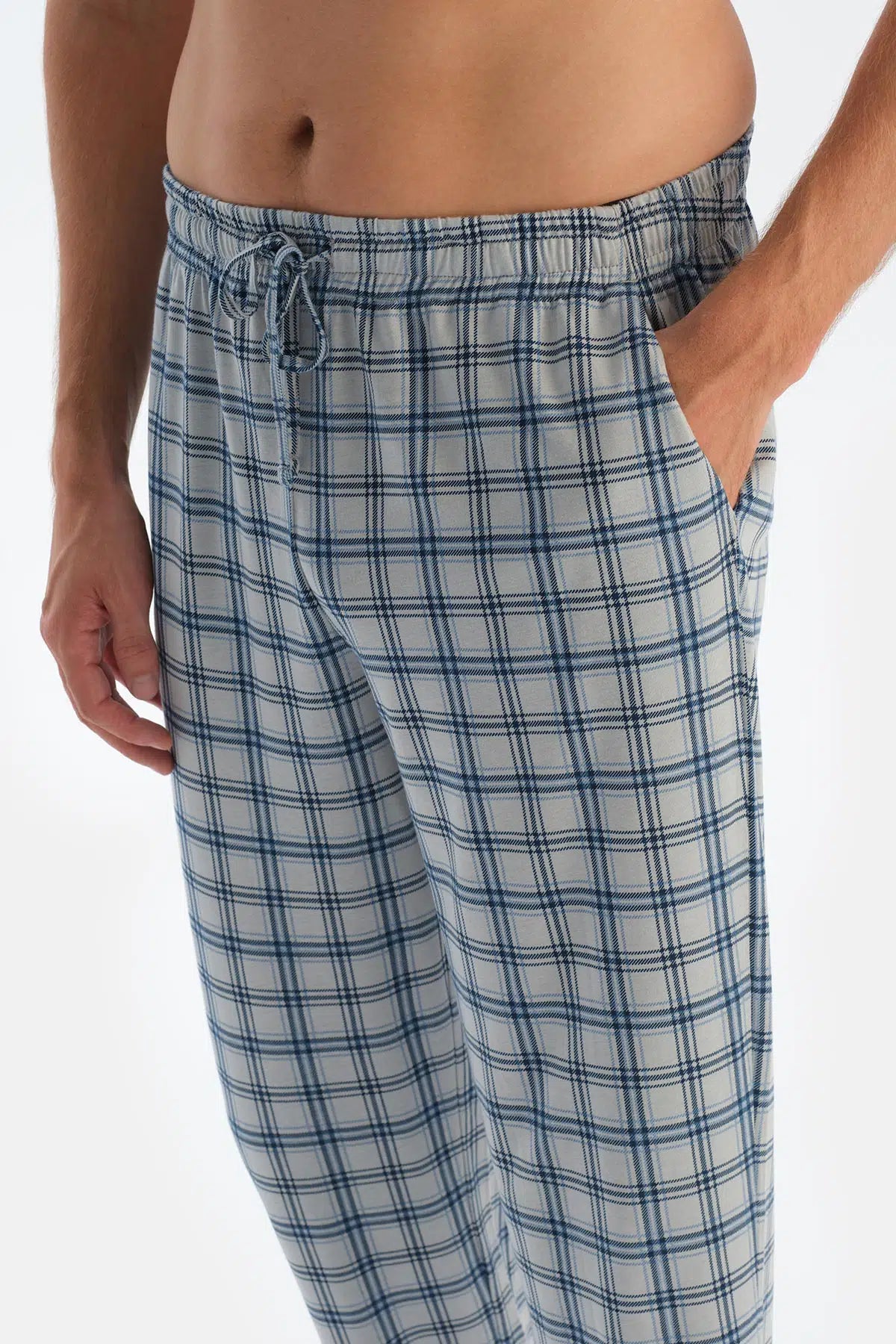 Indigo Patlı Fleto Cepli Ekose Pantolonlu Pijama Takımı