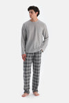 Gri Melanj Bisiklet Yaka Uzun Kollu Ekose Pantolonlu Pijama Takımı