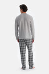 Gri Melanj Bisiklet Yaka Uzun Kollu Ekose Pantolonlu Pijama Takımı