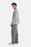 Gri Melanj Bisiklet Yaka Uzun Kollu Ekose Pantolonlu Pijama Takımı