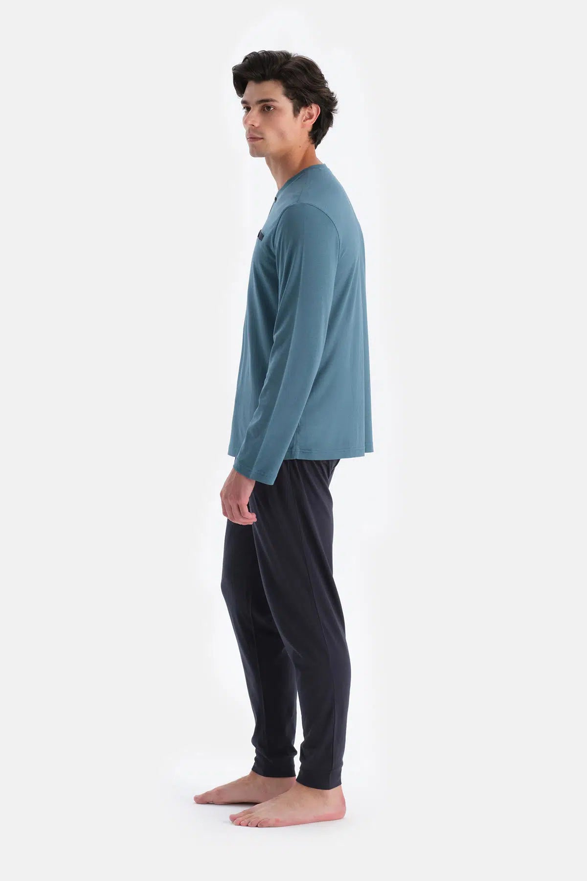 Mavi Yarım Patlı Uzun Kollu Jogger Pantolonlu Pijama Takımı