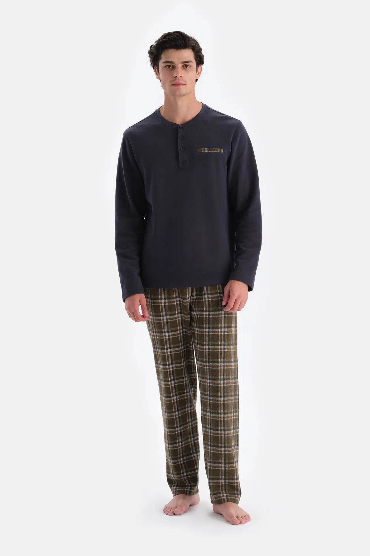 Lacivert Yarım Patlı Uzun Kollu Ekose Pantolonlu Pijama Takımı