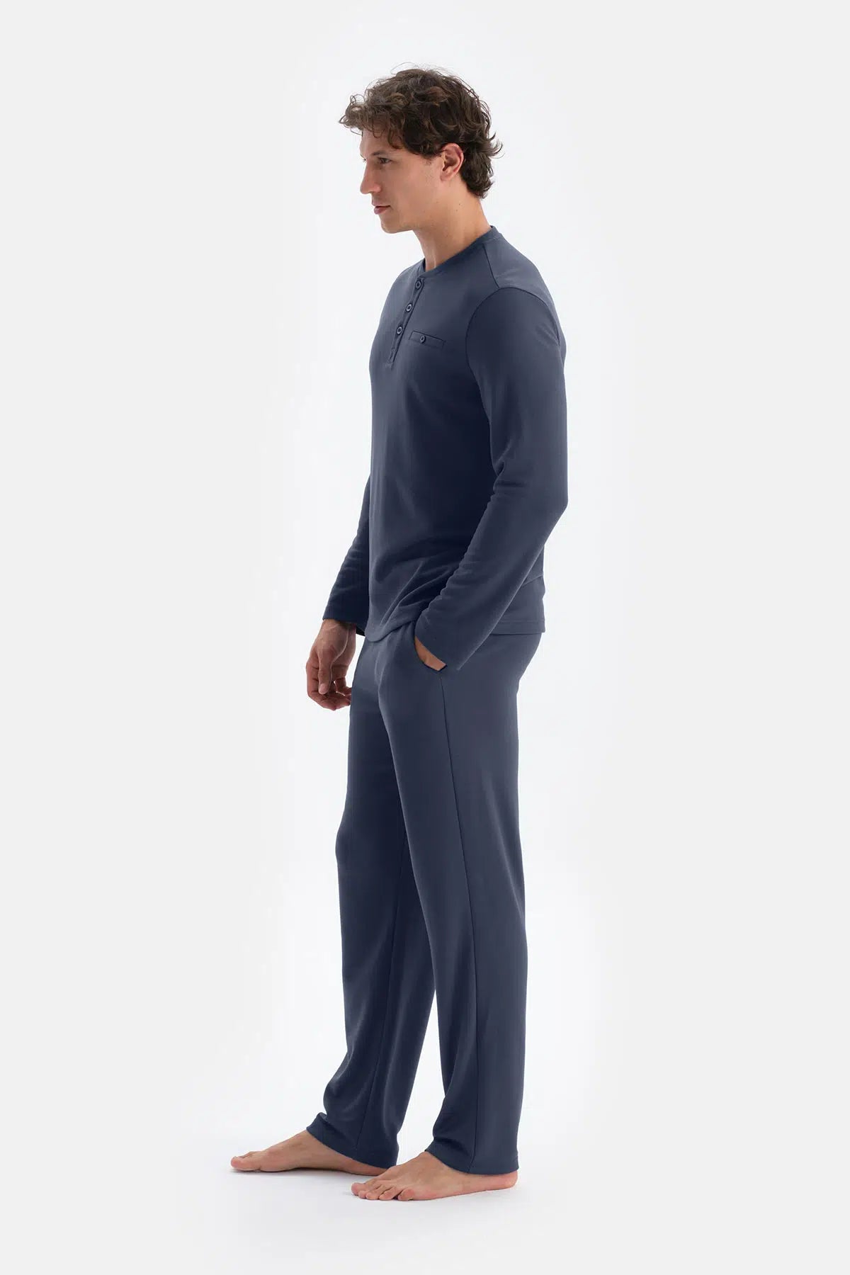 Lacivert Yarım Patlı Uzun Kollu Tişört Pantolon Pijama Takımı