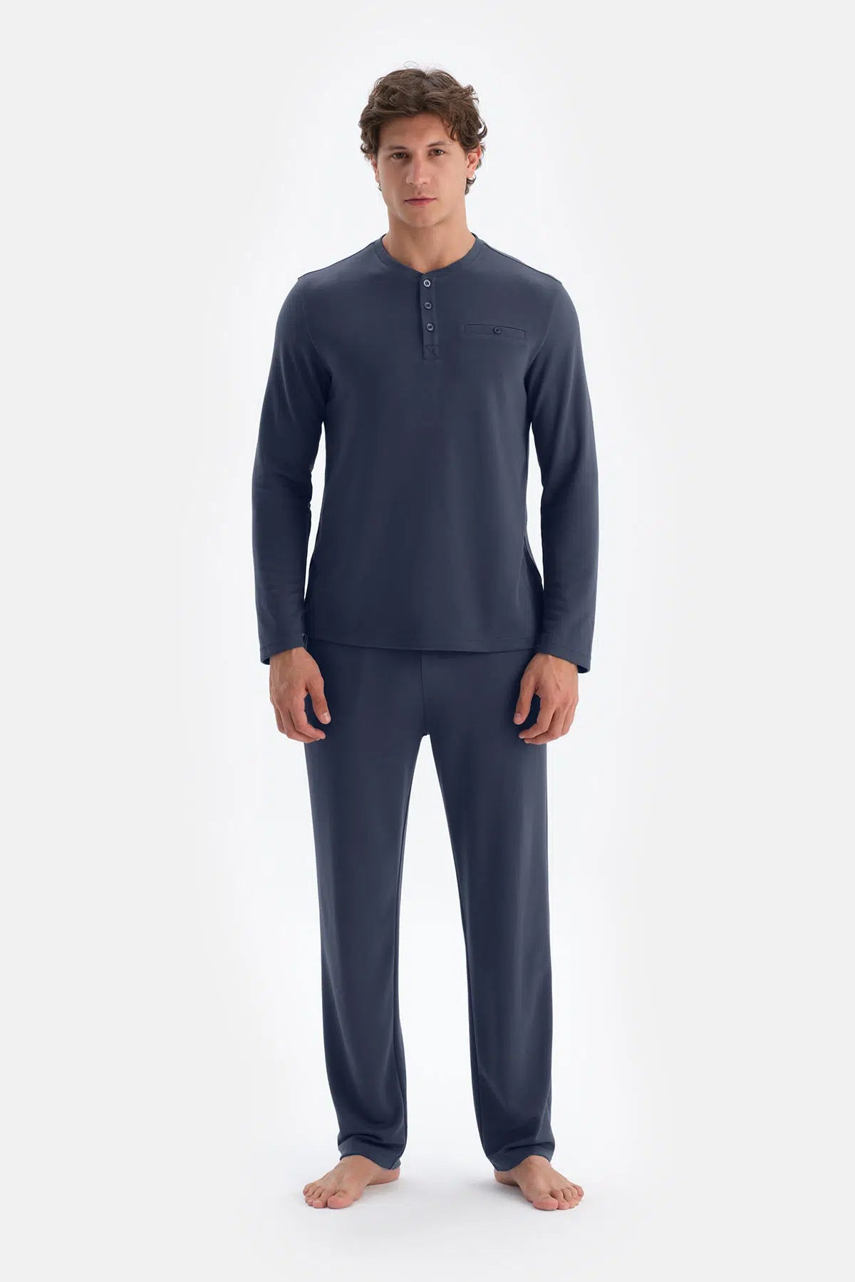 Lacivert Yarım Patlı Uzun Kollu Tişört Pantolon Pijama Takımı