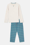 Bej Melanj Yarım Patlı Uzun Kollu Ekose Pantolonlu Pijama Takımı