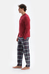Bordo Yarım Patlı Uzun Kollu Ekose Pantolonlu Pijama Takımı