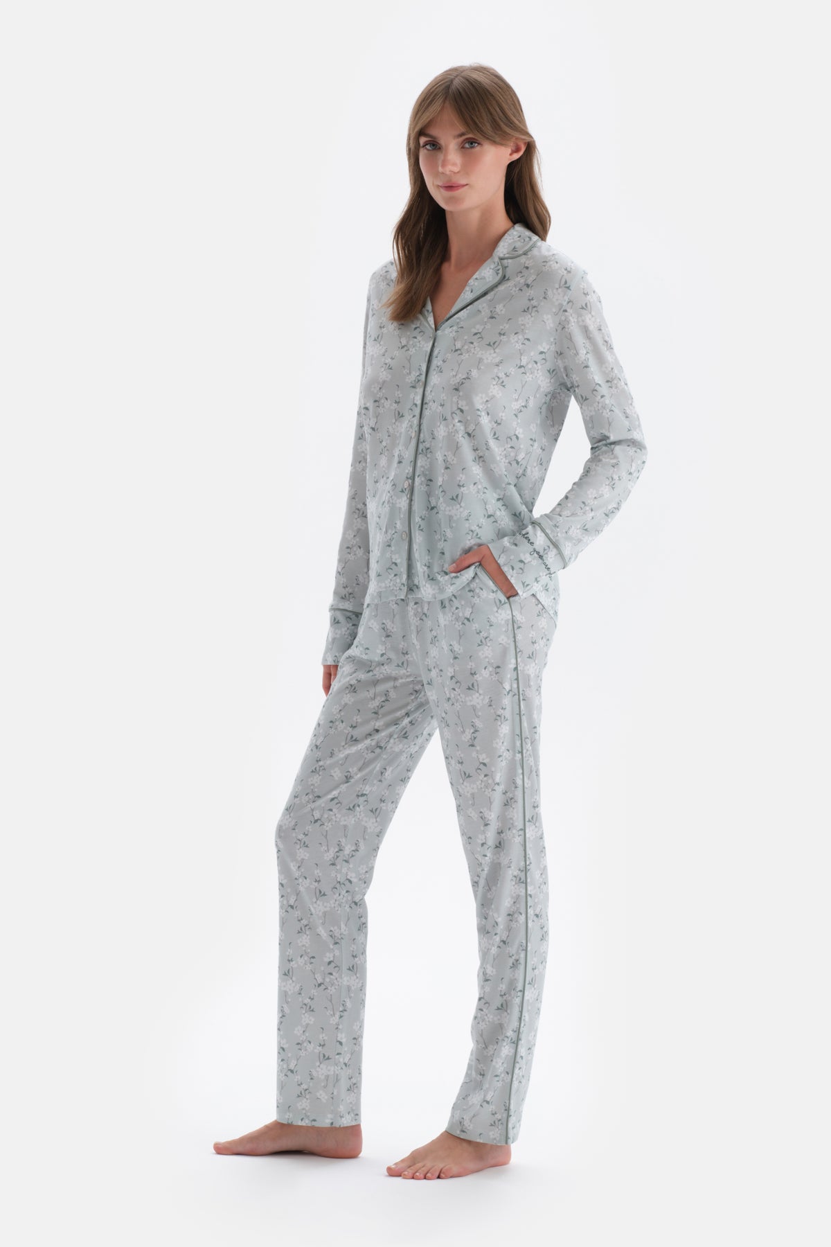 Turkuaz Gömlek Yaka Çiçek Desenli Örme Pijama Takımı