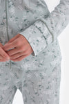 Turkuaz Gömlek Yaka Çiçek Desenli Örme Pijama Takımı