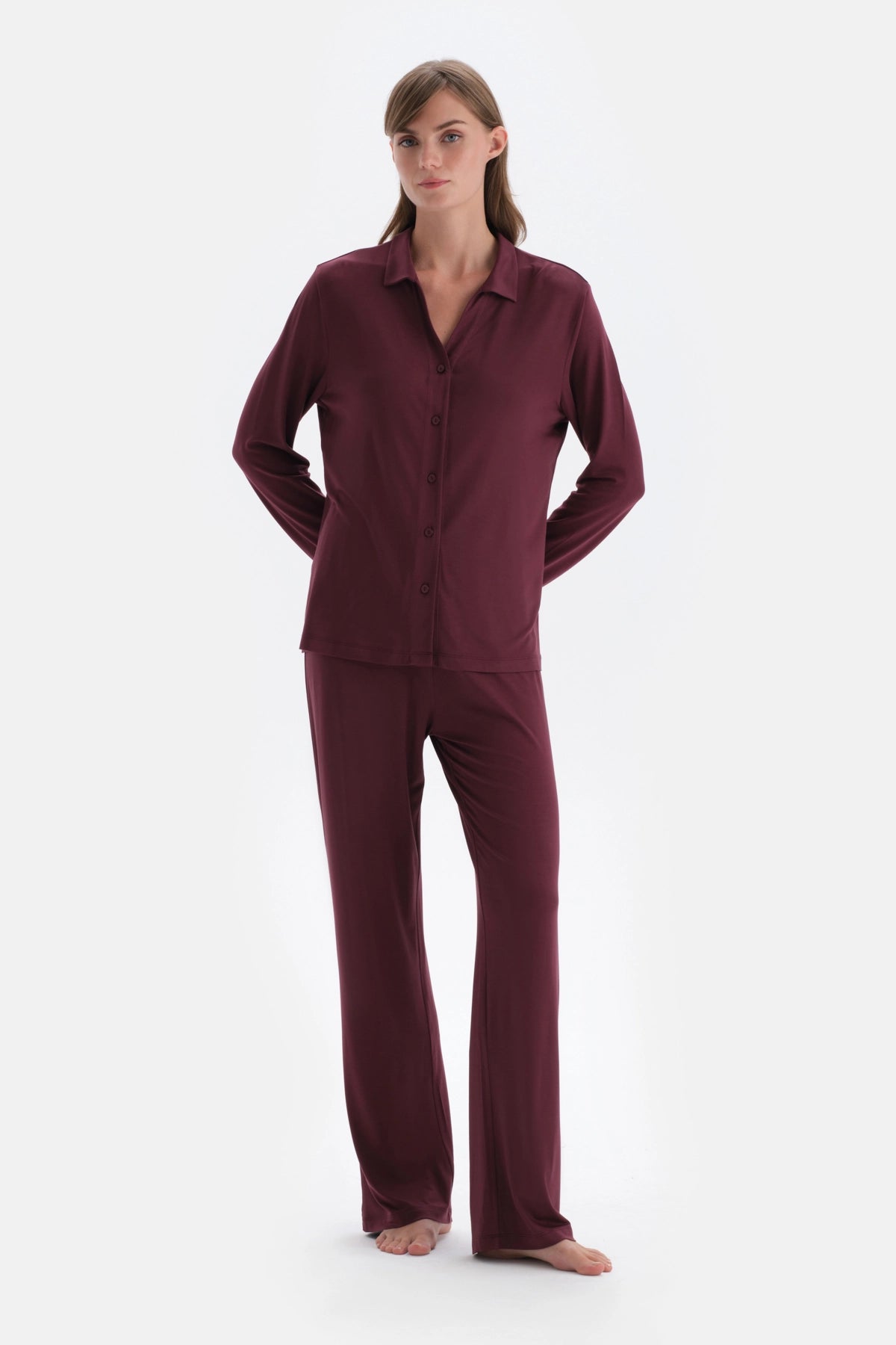 Bordo Basıc Penye Modal Gömlek Pantolon Örme Pijama Takımı