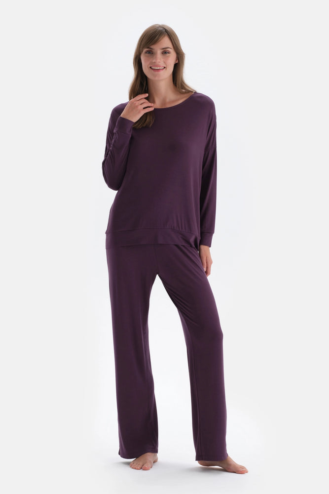 Mor Kayık Yaka Uzun Kollu Penye Modal Örme Pijama Takımı