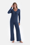 Indigo Ribli Kaşkorse Yuvarlak Yaka Örme Pijama Takımı