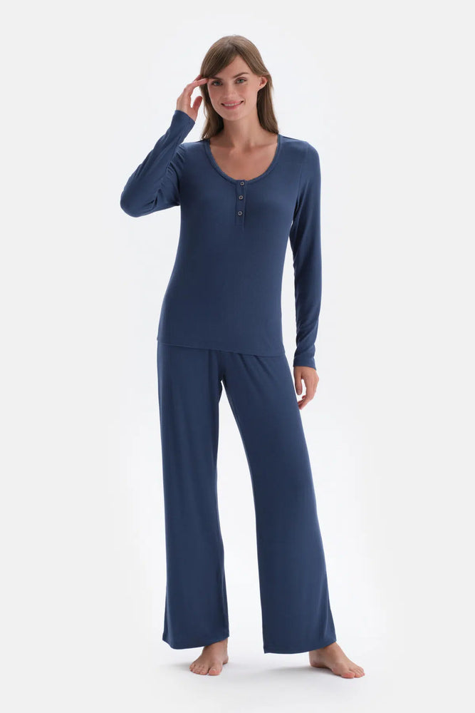 Indigo Ribli Kaşkorse Yuvarlak Yaka Örme Pijama Takımı