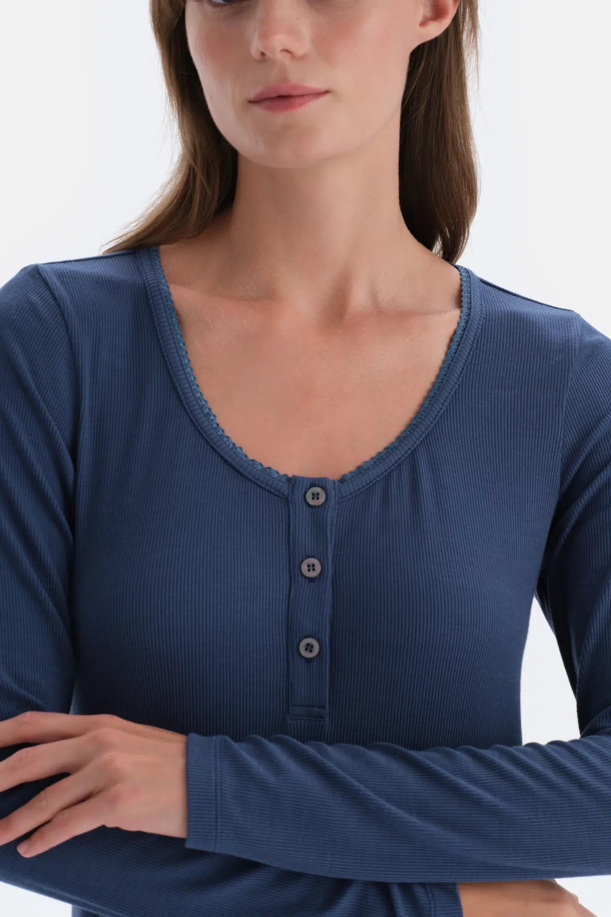 Indigo Ribli Kaşkorse Yuvarlak Yaka Örme Pijama Takımı