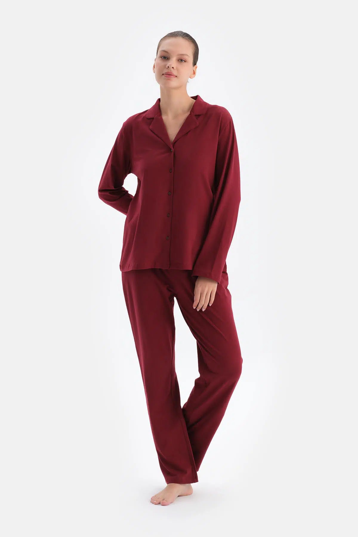 Bordo Kadın Gömlek Pijama Takımı