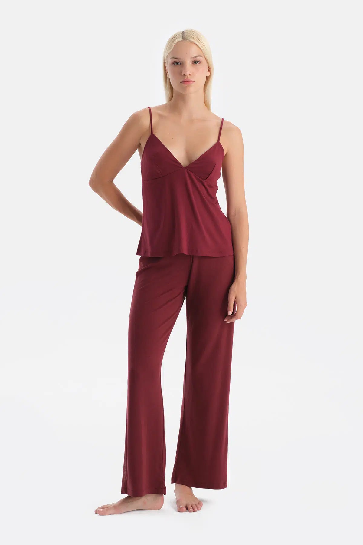 Bordo Yanı Tül Detaylı Basic Pantolon
