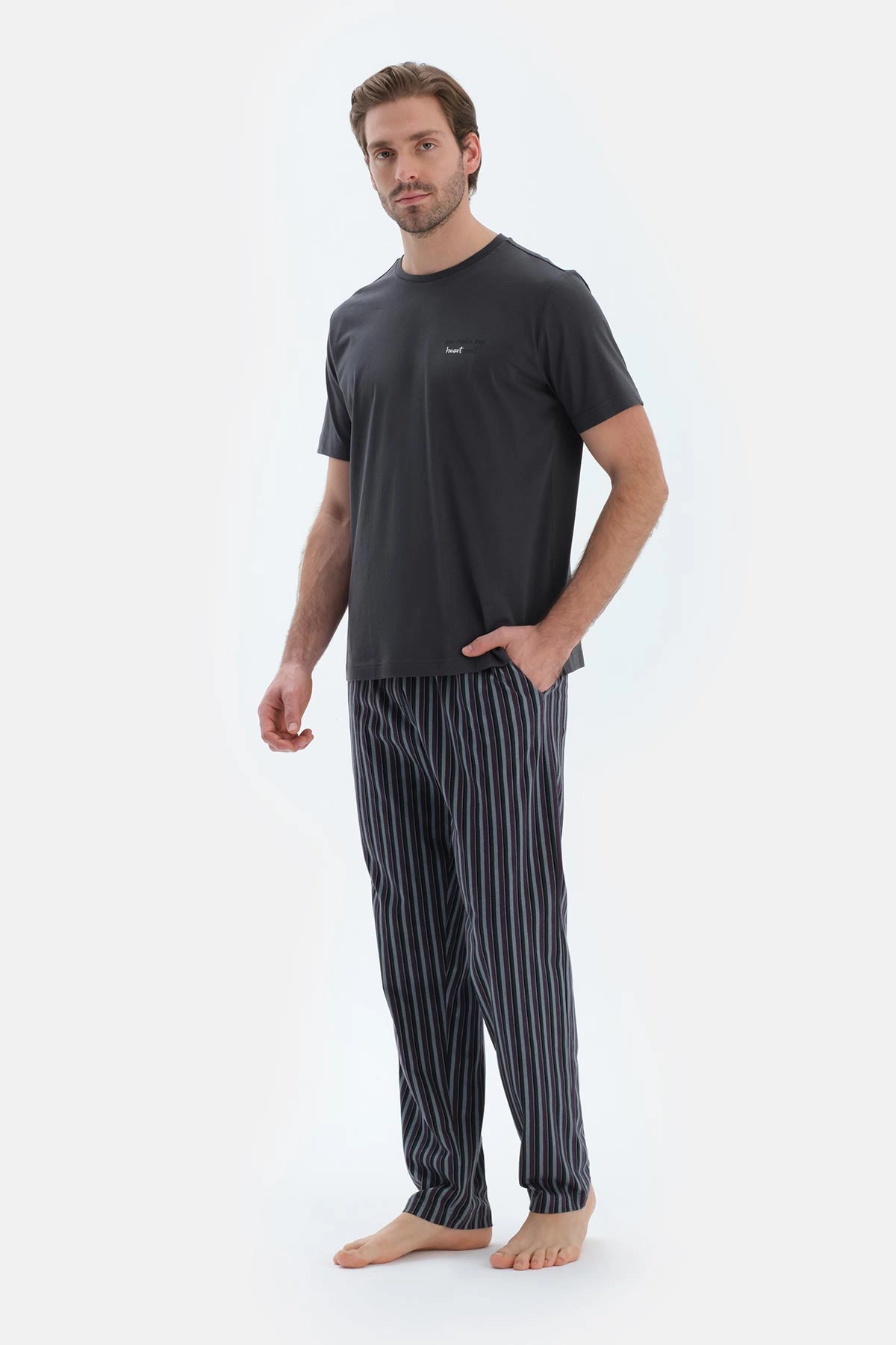 Füme Kısa Kollu Bisiklet Yaka Altı Çizgi Metraj Baskılı Pijama Takımı