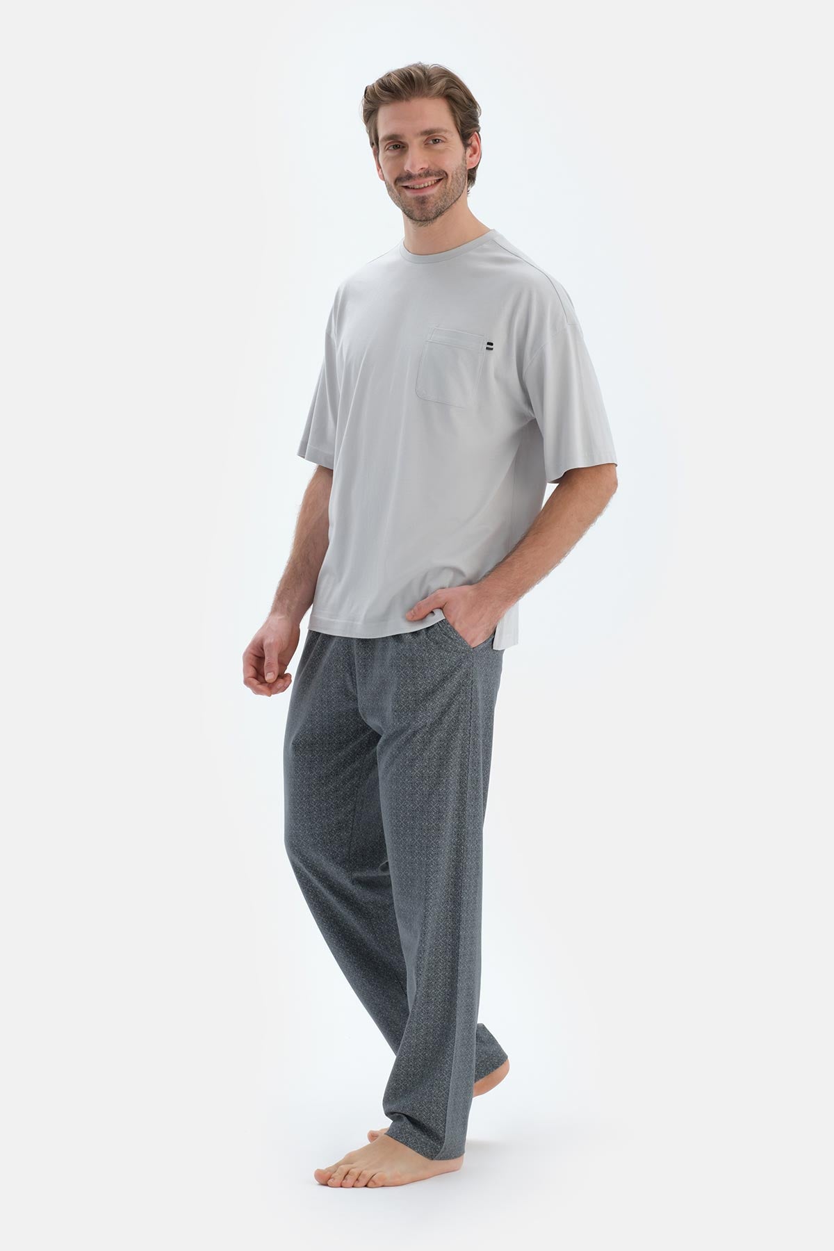 Gri Bisiklet Yaka Oversıze Üstlü Pamuk Modal Pijama Takımı