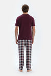 Bordo Kısa Kollu Tişört Ekoseli Pantolon Pijama Takımı
