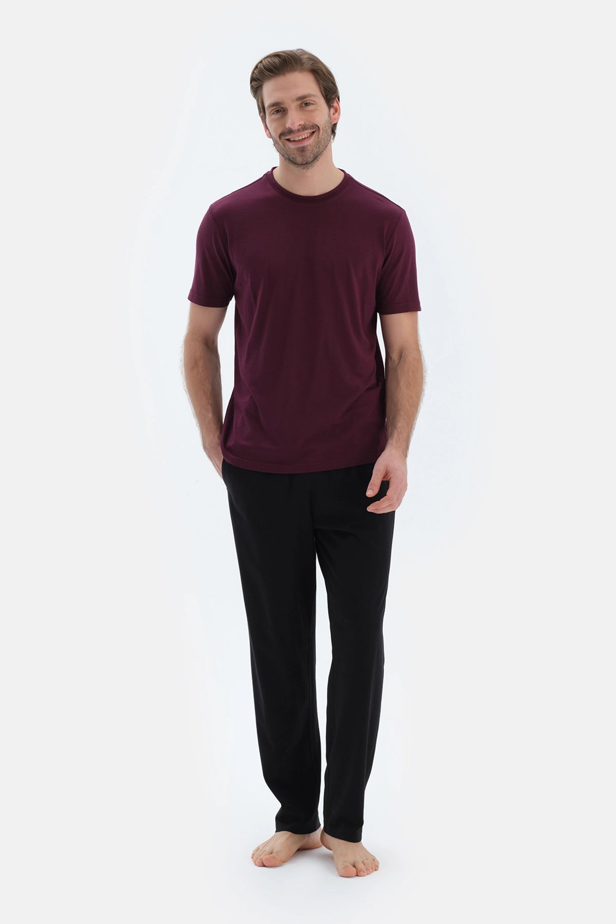 Bordo Bisiklet Yaka Kısa Kollu Tişört Pantolon Pijama Takımı