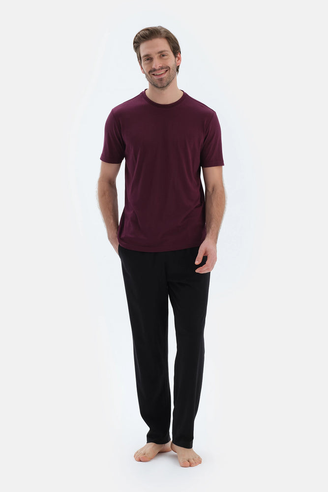 Bordo Bisiklet Yaka Kısa Kollu Tişört Pantolon Pijama Takımı