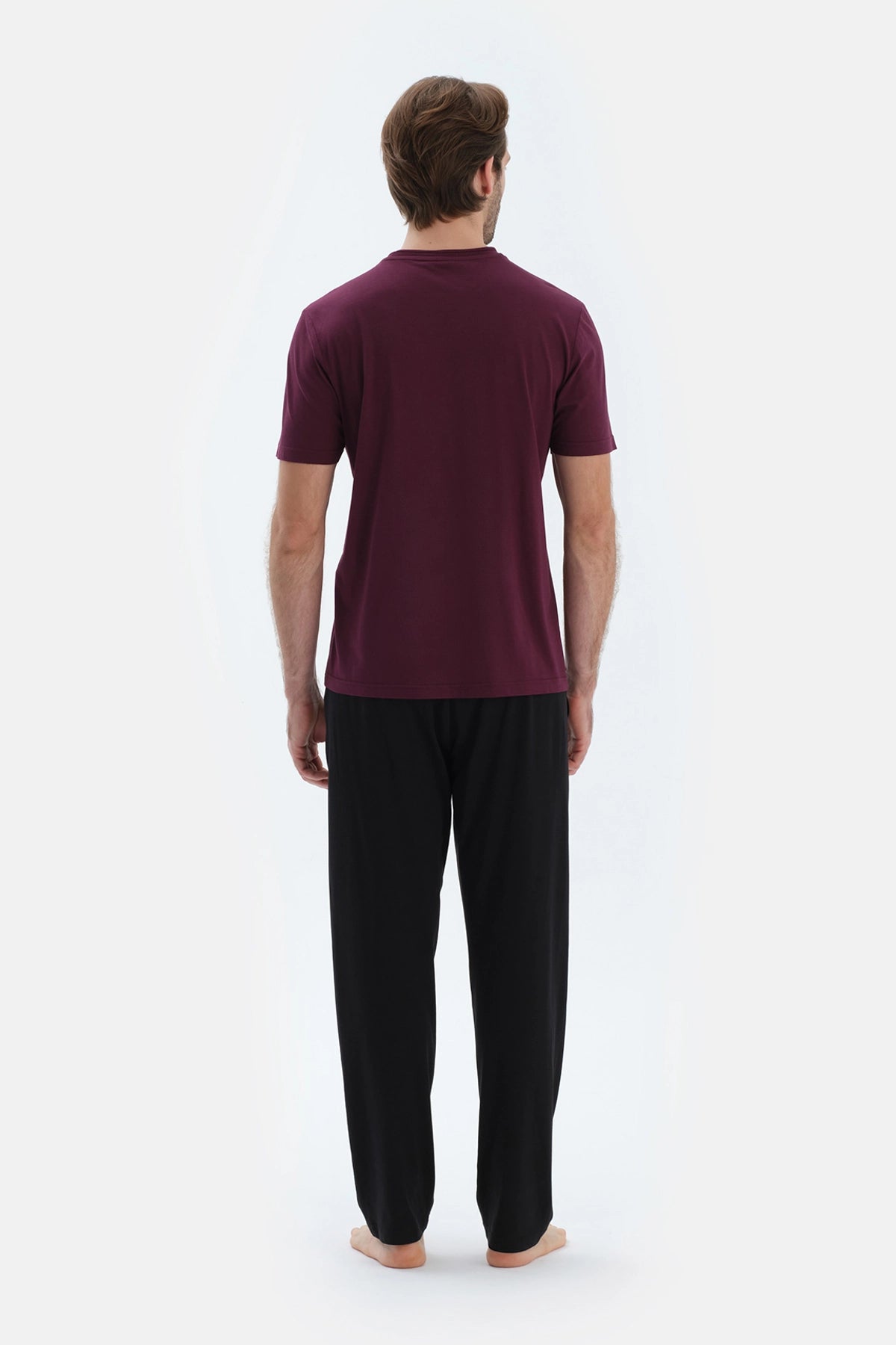 Bordo Bisiklet Yaka Kısa Kollu Tişört Pantolon Pijama Takımı