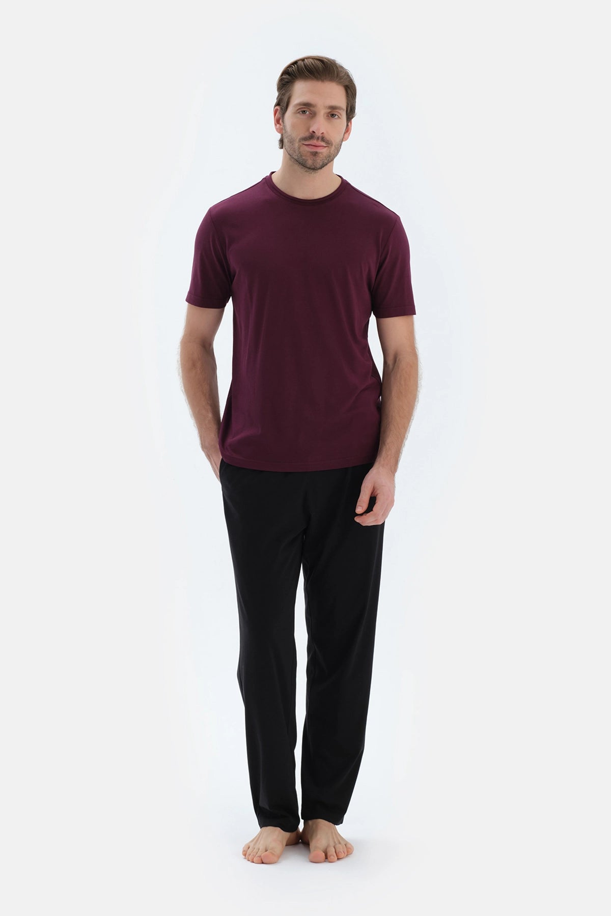 Bordo Bisiklet Yaka Kısa Kollu Tişört Pantolon Pijama Takımı