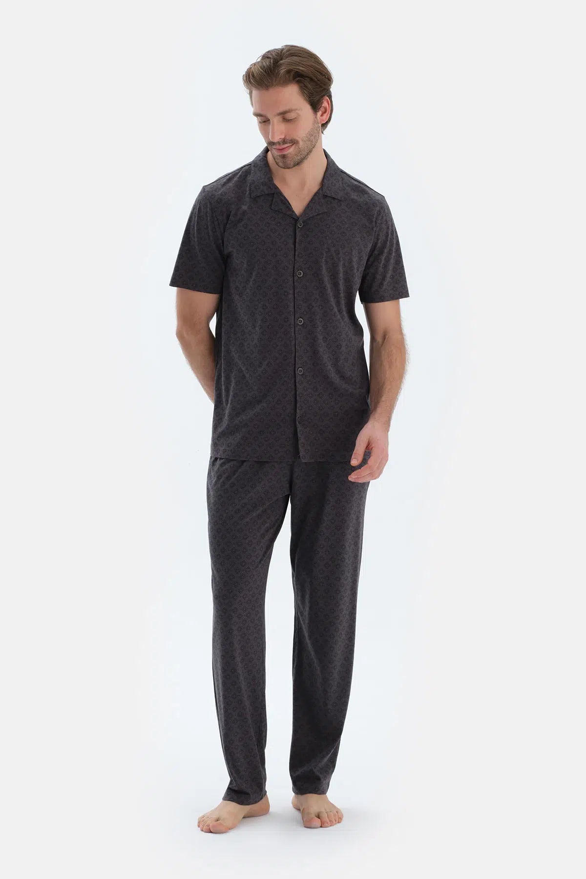 Antrasıt Mıkroprınt Baskılı Penye Modal Gömlek Pantolon Pijama Takımı