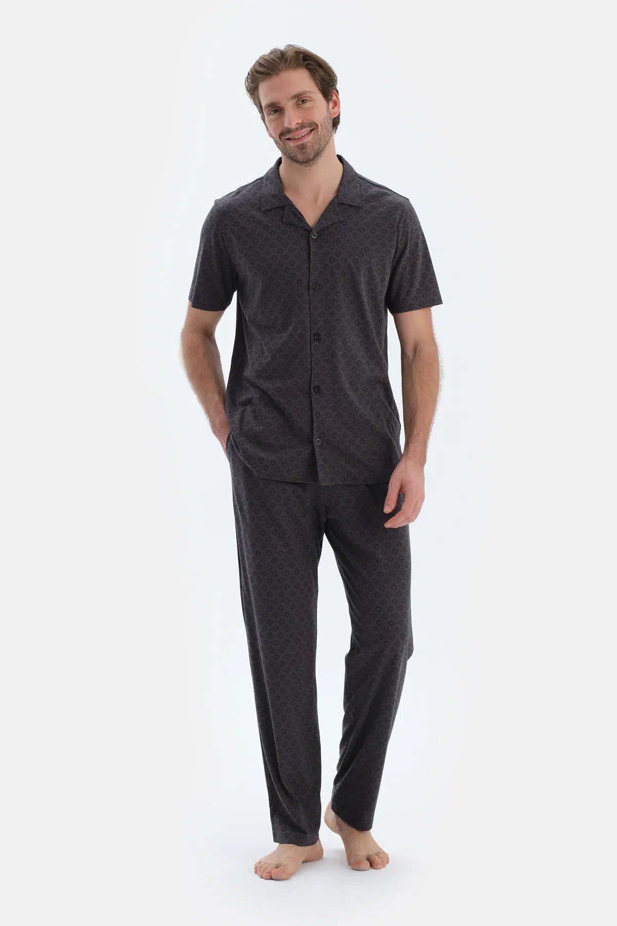 Antrasıt Mıkroprınt Baskılı Penye Modal Gömlek Pantolon Pijama Takımı