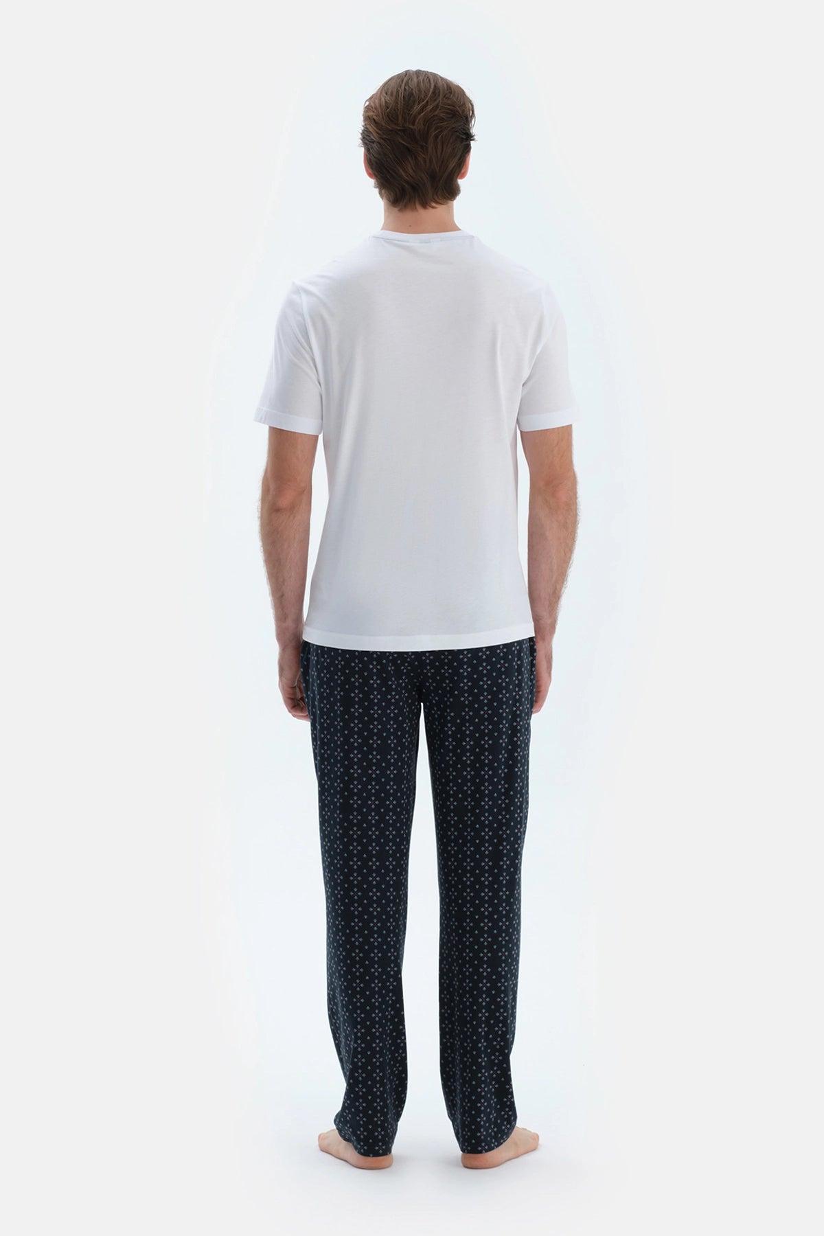 Ekru Cep Detaylı Kısa Kollu Tişört Mıkroprınt Desenli Pantolon Pijama Takımı